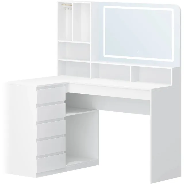 Atlasyx tafel - Make up - Kaptafel - Met spiegel en verlichting - Makeuptafel - Bureau - L-vormig ontwerp - 120 x40x 137,7cm - Wit