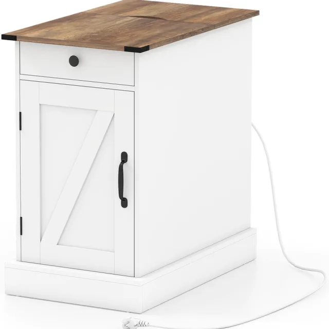 Costway Bijzettafel, nachtkastje met oplaadstation, kleine tafel met opklapbaar tafelblad, lade, afneembaar dienblad en kast, salontafel met verstelbare legplank voor de woonkamer (Wit)