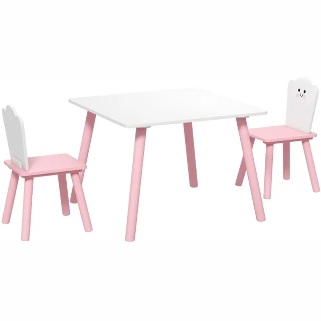 FloraGrace Kindertafel en Stoelenset – 1 Tafel en 2 Stoelen – Ronde Randen & Speels Snoepwolkthema – Voor Kinderen – Hout – Roze Pink