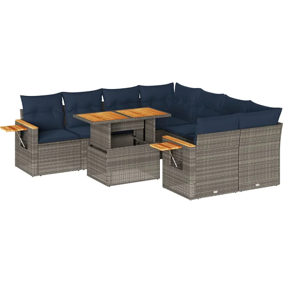 vidaXL 9-delige Loungeset met kussens poly rattan grijs, foto 3