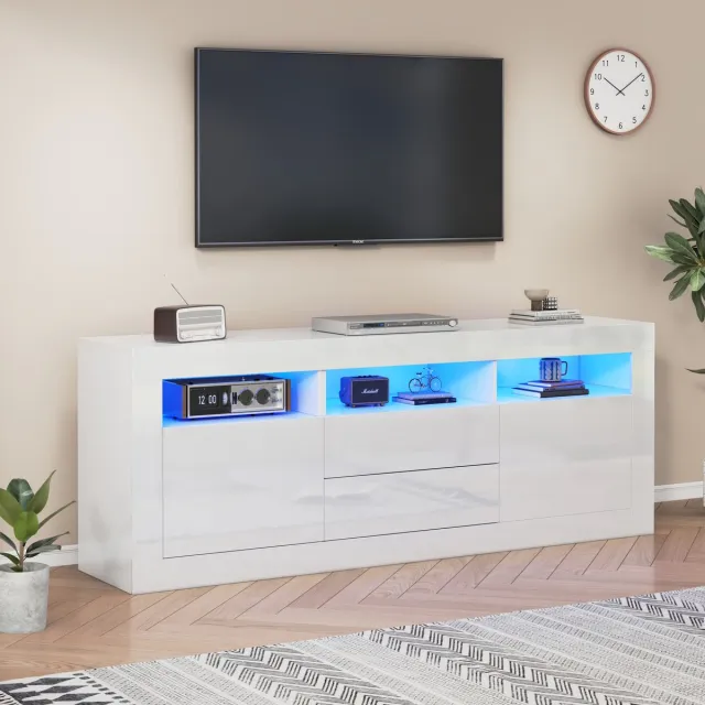 MODENUIT Tv-Meubel - Hoogglans Front Met Ledverlichting - Voor Woonkamer Met 3 Vakken En 2 Deuren - Wit - 160x35x60 Cm