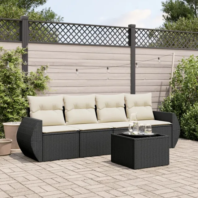 vidaXL 5-delige Loungeset met kussens poly rattan zwart, foto 2