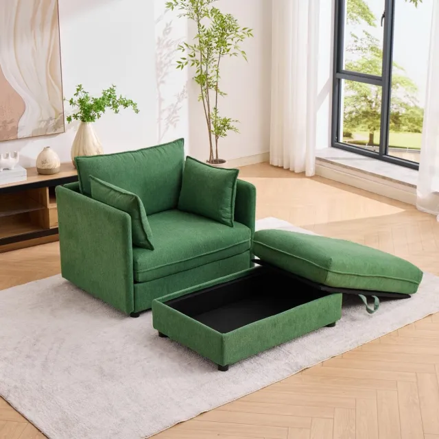 REDOM 1-zits fauteuil met opberghocker - Modulaire opstelling - Velvet bekleding - Houten frame - Groen - 149 x 103,5 x 81 cm