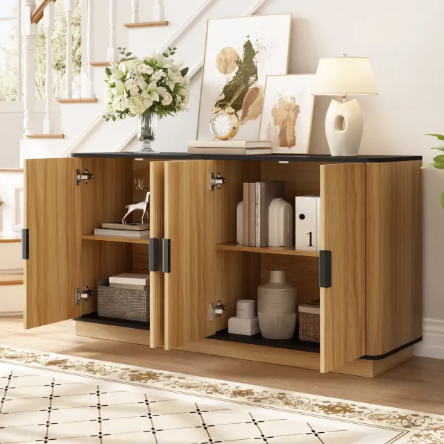 MEUNIQ dressoir 139 x 40 x 75 cm met 4 deuren, houtlook en verticale ribbelstructuur, opbergkast voor woonkamer, hal of eetkamer, naturel