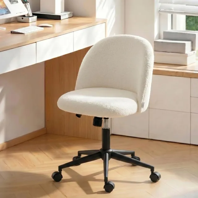 REDOM Bureaustoel - Teddyfleece bekleding - Hoogteverstelbaar en kantelbaar - 360° draaibaar met wielen - Zonder armleuningen - Polyester - Crèmewit - 52 x 59 x 75,5-84,5 cm