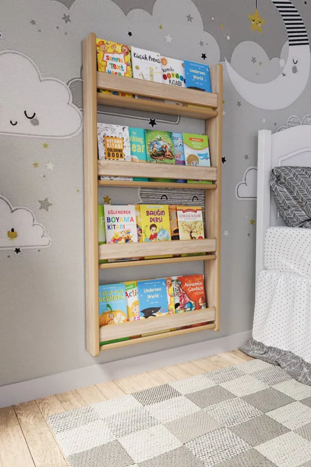 Zeo Wood Boekenkast Kind - Boekenrek Kind - Boekenrek Kinderkamer - Kinderboekenkast - Montessori Boekenkast - 4 Niveaus - Houtkleur