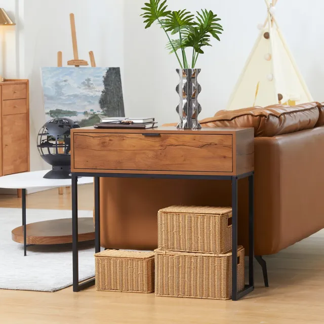 COVREO Sidetable 80x30x76 cm - naturel hout en zwart, met lade en metalen frame