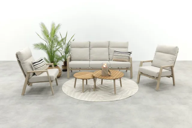 Van der Garde Tuinmeubelen Lagos/Mindo (ronde loungetafelset) verstelbare 5-zits stoel-bank loungeset - Latte/Teak Zand/Hout kleur/Beige/Latte