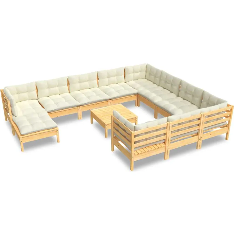 vidaXL 12-delige Loungeset met crèmekleurig kussens grenenhout