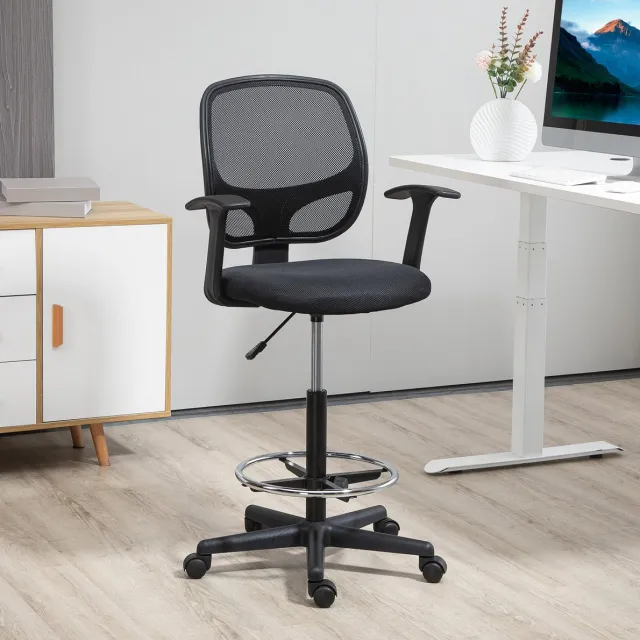 FloraGrace Bureaustoel – Verstelbare Zithoogte 65,5-87 Cm – Met Voetring, Mesh Rugleuning En Wielen – Voor Bureau Of Tekentafel – Zwart
