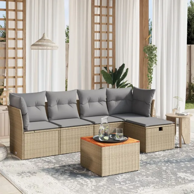 vidaXL 6-delige Loungeset met kussens poly rattan gemengd beige, foto 2