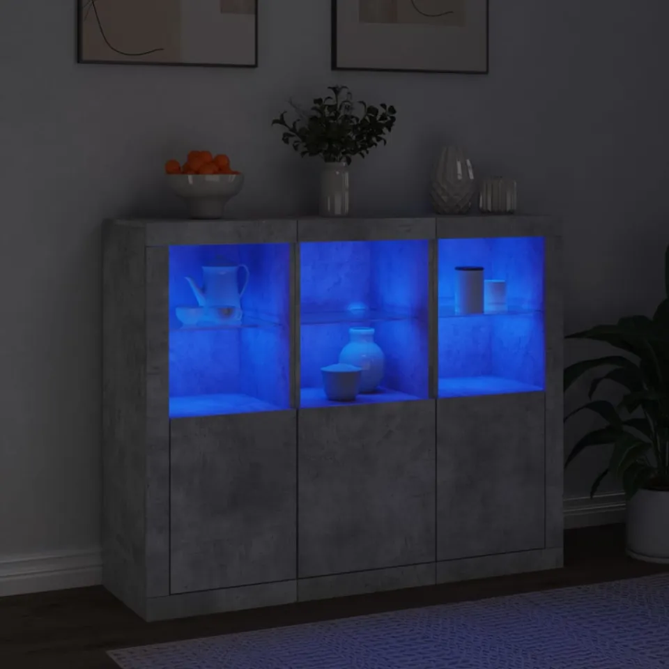 vidaXL Dressoirs met LED-verlichting 3 st bewerkt hout betongrijs grijs, foto 2