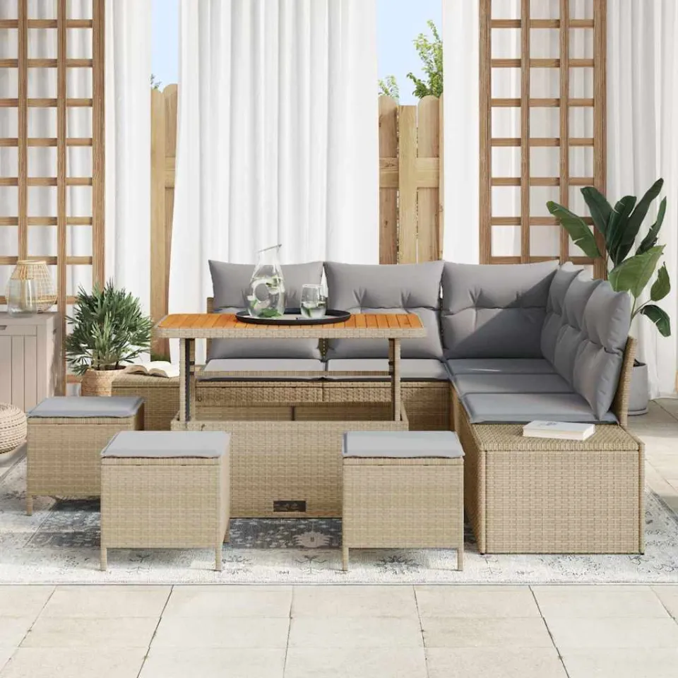 vidaXL Tuinbankenset 9 st Beige Poly riet, foto 2