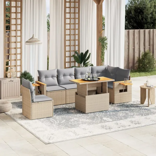 vidaXL 7-delige Loungeset met kussens poly rattan beige, foto 2