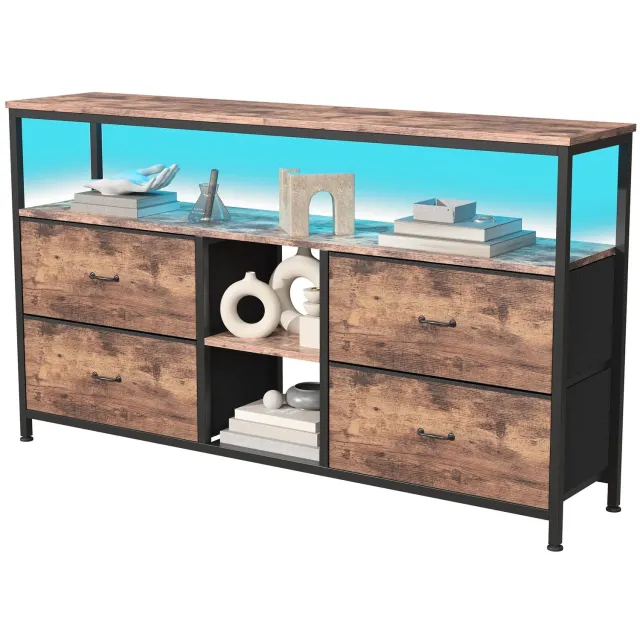 Saska tv-meubel met 4 stoffen laden en open vakken - LED-verlichting - bruin/zwart - 108 × 30 × 77 cm Bruin / zwart