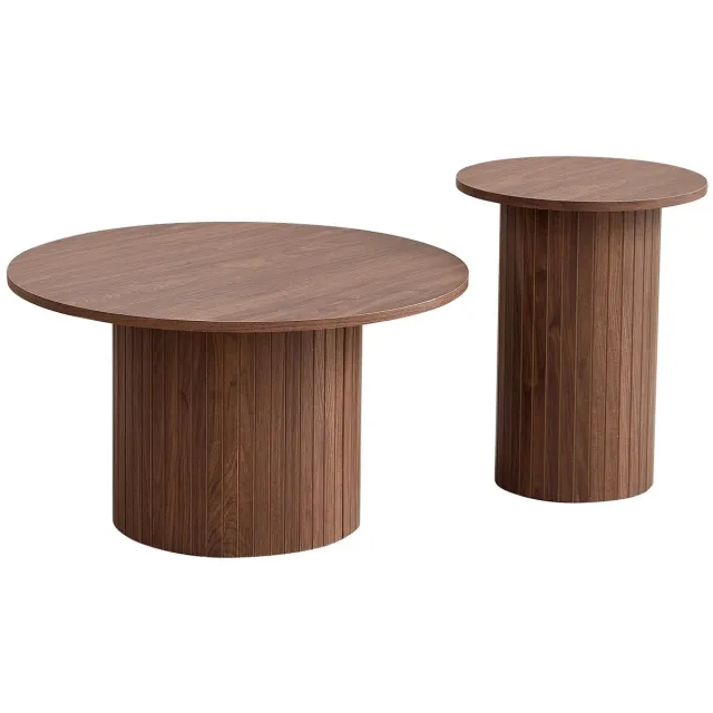 Questyr Set van 2 Ronde Salontafels – 70 cm + 40 cm – Donkerbruin – Scandinavisch Design – Houten Bijzettafels voor Woonkamer & Balkon Donkerbruin houtlook