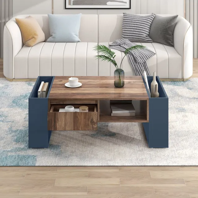 HAUSS SPOLE Salontafel - Houtlook Met Greeploze Lade En Dubbele Opbergruimte - Voor Woonkamer - Spaanplaat - 111x60x40 Cm - Zwart Grijs Houtkleur