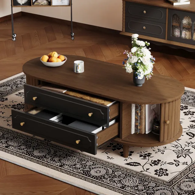 DantefHandels 100 X 50 x 36 cm, woonkamer-salontafel, walnootkleur.salontafel met zwei laden, salontafel met Rolltür, bijzettafel，zwart