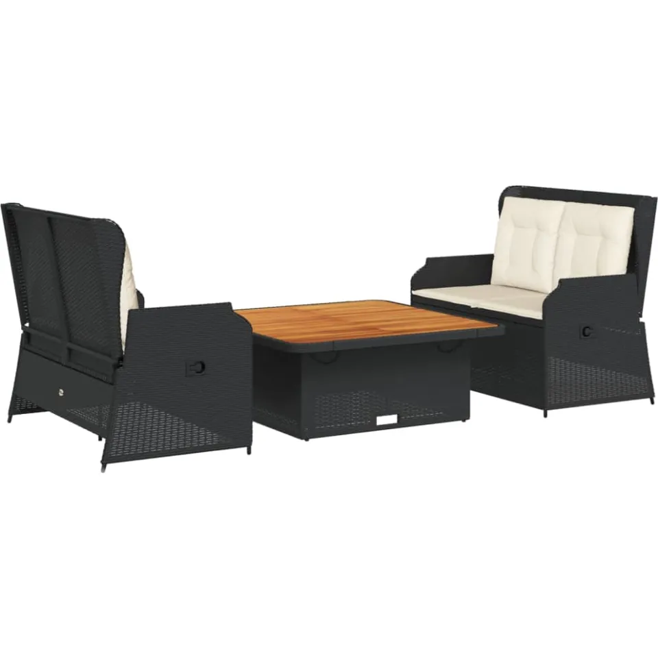 vidaXL 3-delige Loungeset met kussens poly rattan zwart, foto 3