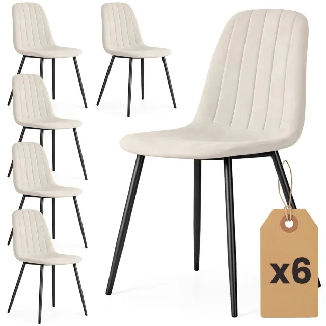 Akord Set van 6 Eetkamerstoelen LUMO / Gestoffeerde Stoelen / Fluwelen Stoelen en Metalen Poten / Beige met zwarte benen