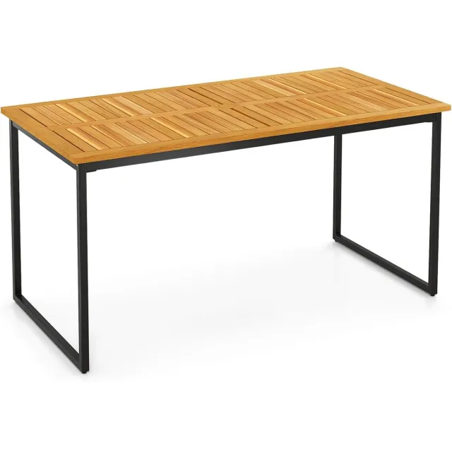 KOMFOTTEU Tuineettafel met gat voor parasol, eettafel van acaciahout voor 6 personen, 140 x 70 x 73 cm, voor binnen en buiten, binnenplaatstafel met metalen poten Natuurlijk