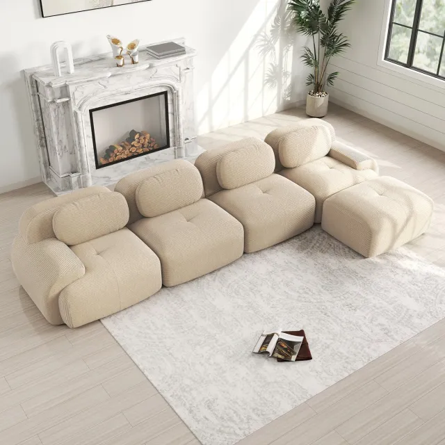MIVRAY Hoekbank 4-Zits - Modulair Met Chaise Longue - Verstelbare Rugleuning - Antislip Onderzijde - Cord Beige