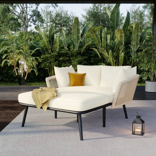 Zubaliya Tuinligbed - Beige - Verzinkt Staal - 10 cm Dik Kussen - Afritsbare Wasbare Hoezen