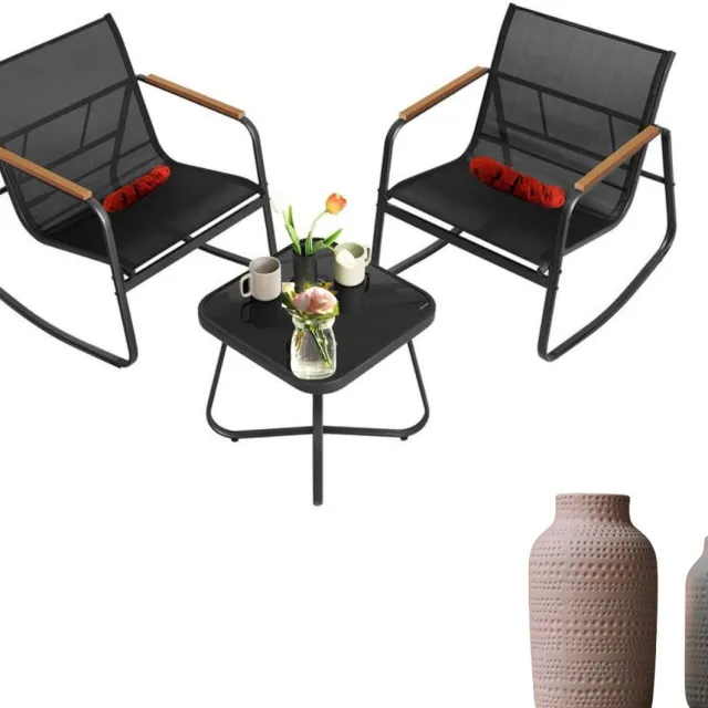 Signature Home Tuinmeubelset van 3 - balkonmeubels - 2 schommelstoelen met tafel - staal tuinmeubelen - met armleuningen - terras - balkon - tuin - zwart