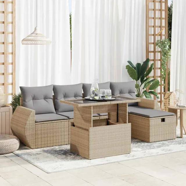 vidaXL 6-delige Loungeset met kussens poly rattan beige, foto 2