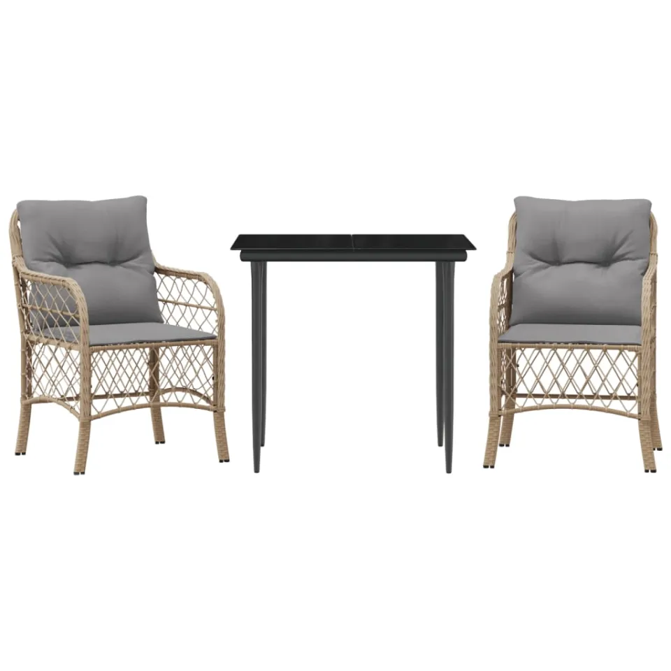 vidaXL 3-delige Bistroset met kussens poly rattan gemengd beige, foto 3