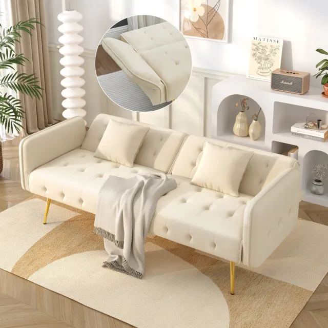 Clruro Slaapbank - 2-Zits - Verstelbare Armleuningen - Modern en Opvouwbaar - Velours - Beige