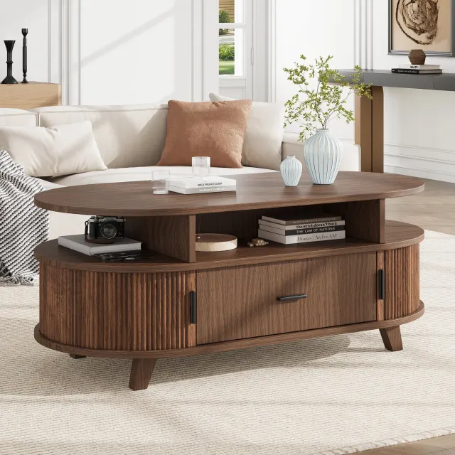 DantefHandels Walnootkleur salontafel ovaal 100x50x40cm, woonkamertafel met 1 lade en 2 rolschuifdeuren, open & gesloten opbergruimte, MDF, 4 poten