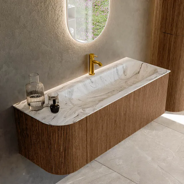 Mondiaz KURVE-DLUX 125 cm Onderkast Greeploos 1 Lade Met Deuren Walnut, Wastafel Solid Surface Rechts Glace 1 Kraangat Zonder Spiegel (KRVBGM125L1L1D1KR-Wal/Gla)