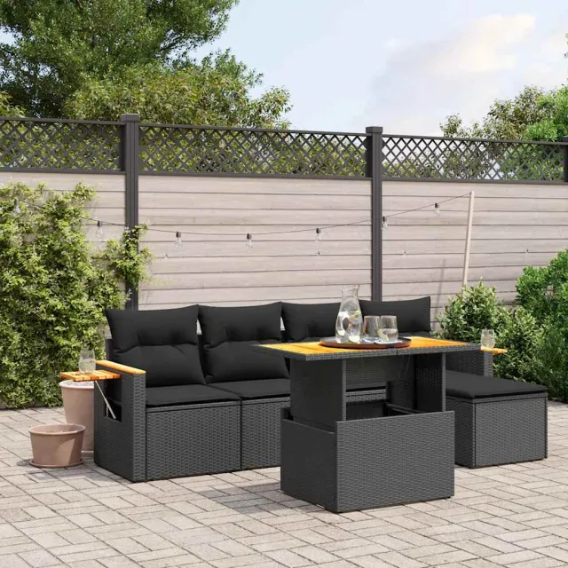 vidaXL 6-delige Loungeset met kussens poly rattan zwart, foto 2