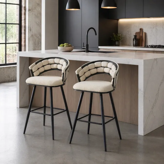 CHICFURN Barkruk - Set van 2 - Met rugleuning - Metalen onderstel - Beige