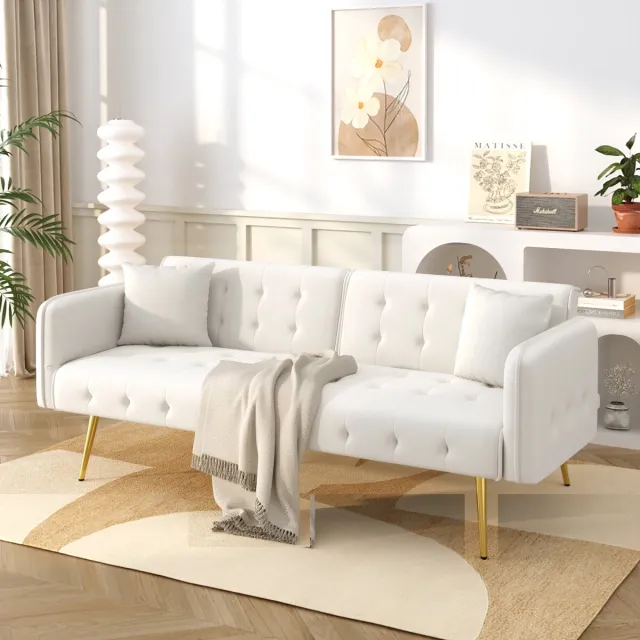 Zubaliya 2-zits slaapsofa - voor kleine ruimtes en woonkamer - 2 personen - diverse kleuren - onafhankelijk verstelbare rugleuningen en armleuningen - fluwelen bekleding - gouden metalen poten Ancient Wit