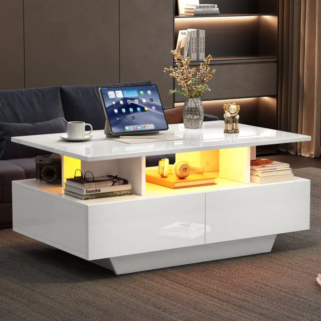 HAUSS SPOLE Salontafels - Hoogglans Salontafel Met LED Licht - 2 Lades En Opbergruimte - 90x55x41 cm - Hout - Wit