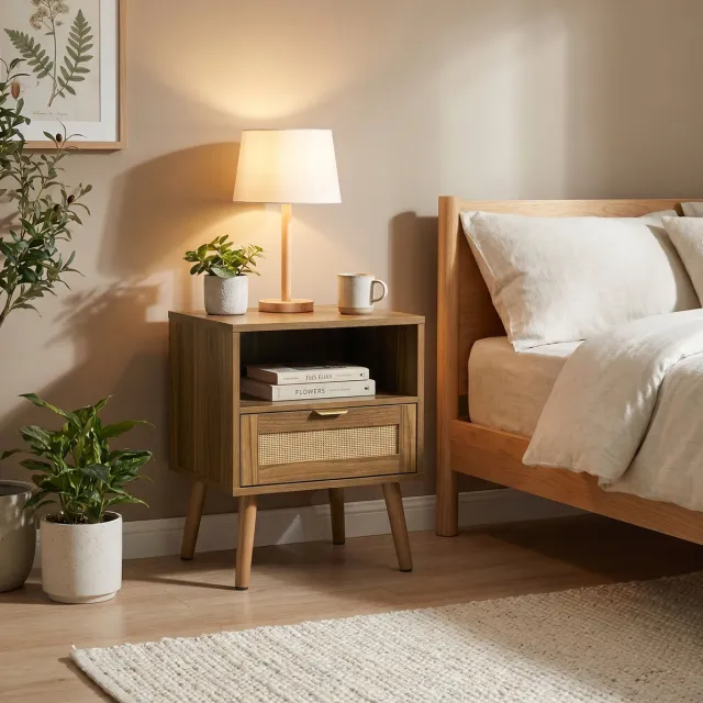 STILVORA Nachtkastje Met Lade En Open Vak - Bohemian Stijl Voor Slaapkamer En Woonkamer - Walnootkleur - 45x40x55 Cm Walnut