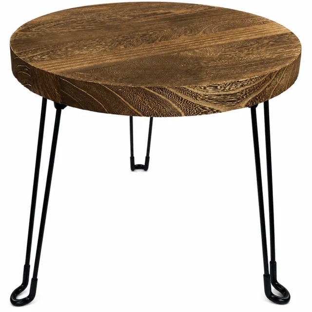 Naturn Living Ronde Bijzettafel Ø 50 x 37 cm – Opklapbaar Houten Tafeltje met Zwart Metalen Driepoot – Bruine Salontafel voor Woonkamer, Slaapkamer en Veranda – Bruin/Zwart