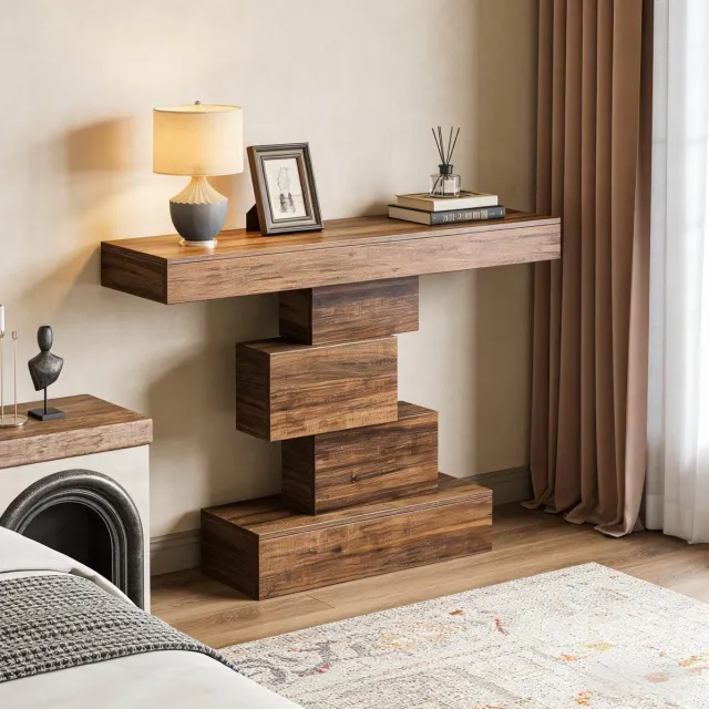 MODFU Consoletafel - Geometrische Voet - Modern - Donkerbruin - Houtlook - 108 X 30 X 80 Cm Dark Brown