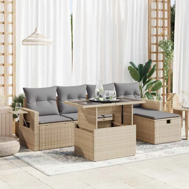 vidaXL 6-delige Loungeset met kussens poly rattan beige, foto 2