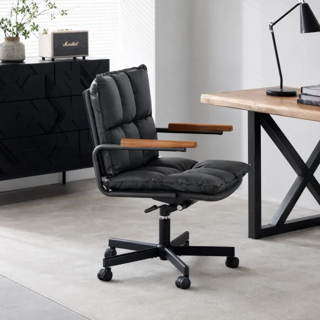 MODFU Bureaustoel - Ergonomische Rugsteun - Draaibaar - Met Armleuningen - Kunstleer - Zwart