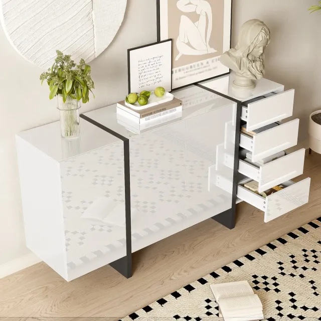 MIVRAY Dressoir - Hoogglans Opbergkast Met 2 Deuren En 4 Lades - Voor Woonkamer En Eetkamer - MDF En Spaanplaat - Wit Zwart