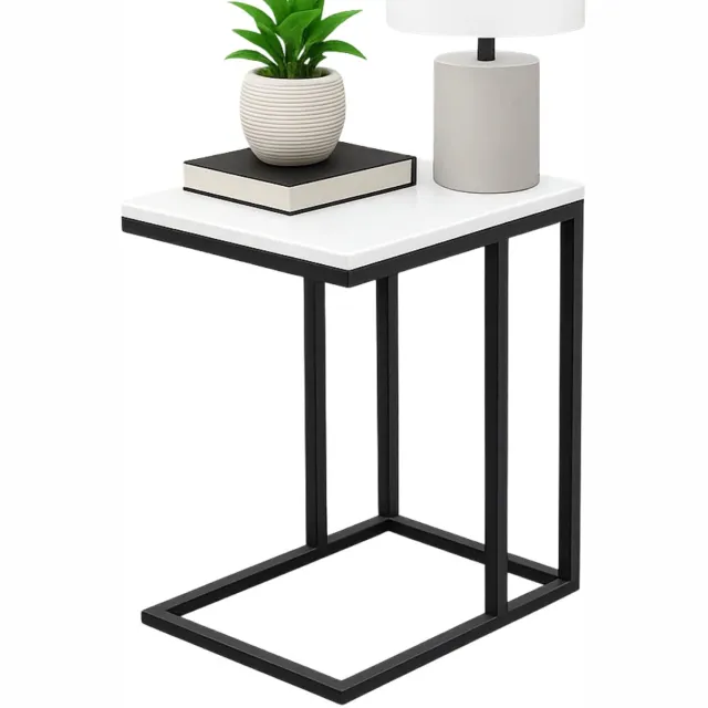 Lomera Bijzettafel Metaal - Wit Gemarmerd - Zwart Metalen Frame - Wit Mdf Tafelblad - Afgeronde Hoeken - Stelpootjes - Banktafeltje - Tafelblad - Woonkamer Tafel - Modern Design - Compacte Bijzettafel nvt