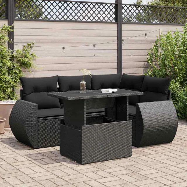 vidaXL 5-delige Loungeset met kussens poly rattan zwart, foto 2
