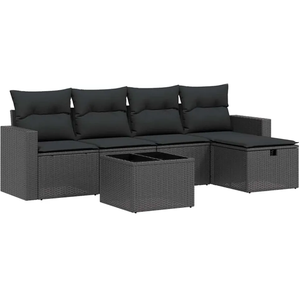 vidaXL 6-delige Loungeset met kussens poly rattan zwart