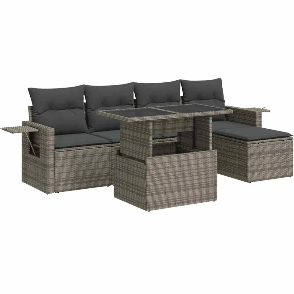 vidaXL 6-delige Loungeset met kussens poly rattan grijs, foto 3