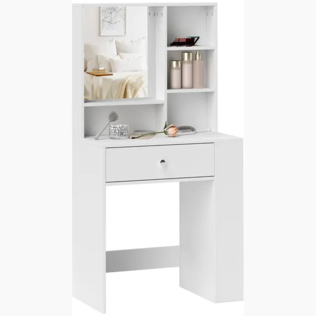 Merax Kaptafel Met Spiegel - Make-Up Tafel Met Lade - 3-Laags Zijrek - Toilettafel Met Opbergruimte - Wit - 70 x 40 x 137 cm