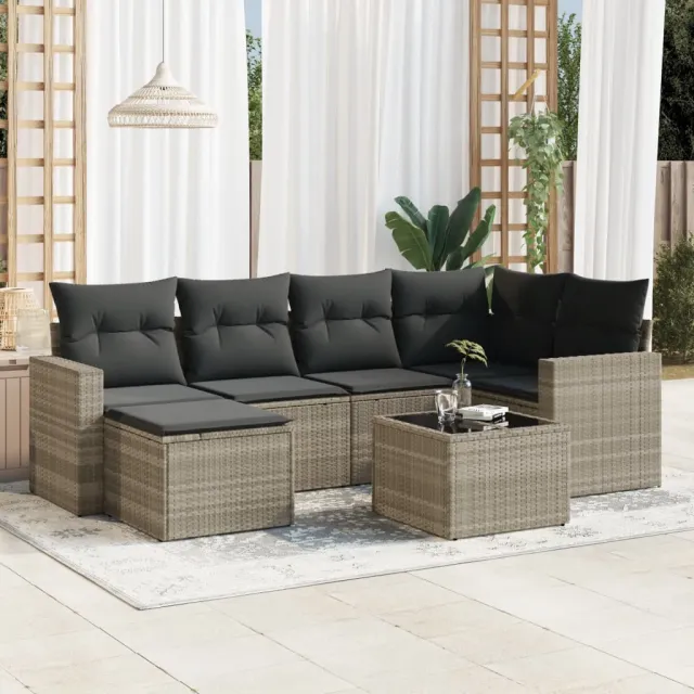 vidaXL 7-delige Loungeset met kussens poly rattan lichtgrijs grijs, foto 2