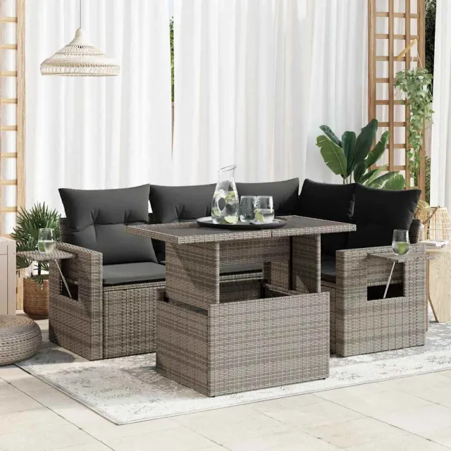 vidaXL 5-delige Loungeset met kussens poly rattan grijs, foto 2